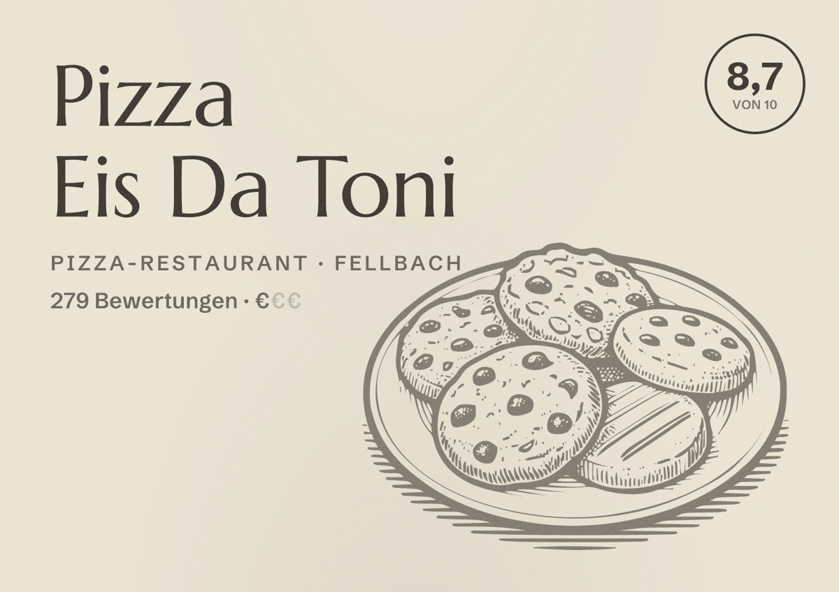 Illustriertes Poster von Pizza Eis Da Toni, Pizza-Restaurant in Fellbach: Bewertung 8,7 von 10 aus 279 Bewertungen, Preisniveau €