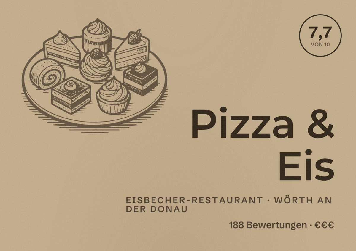 Illustriertes Poster von Pizza & Eis, Eisbecher-Restaurant in Wörth an der Donau: Bewertung 7,7 von 10 aus 188 Bewertungen, Preisniveau €€€