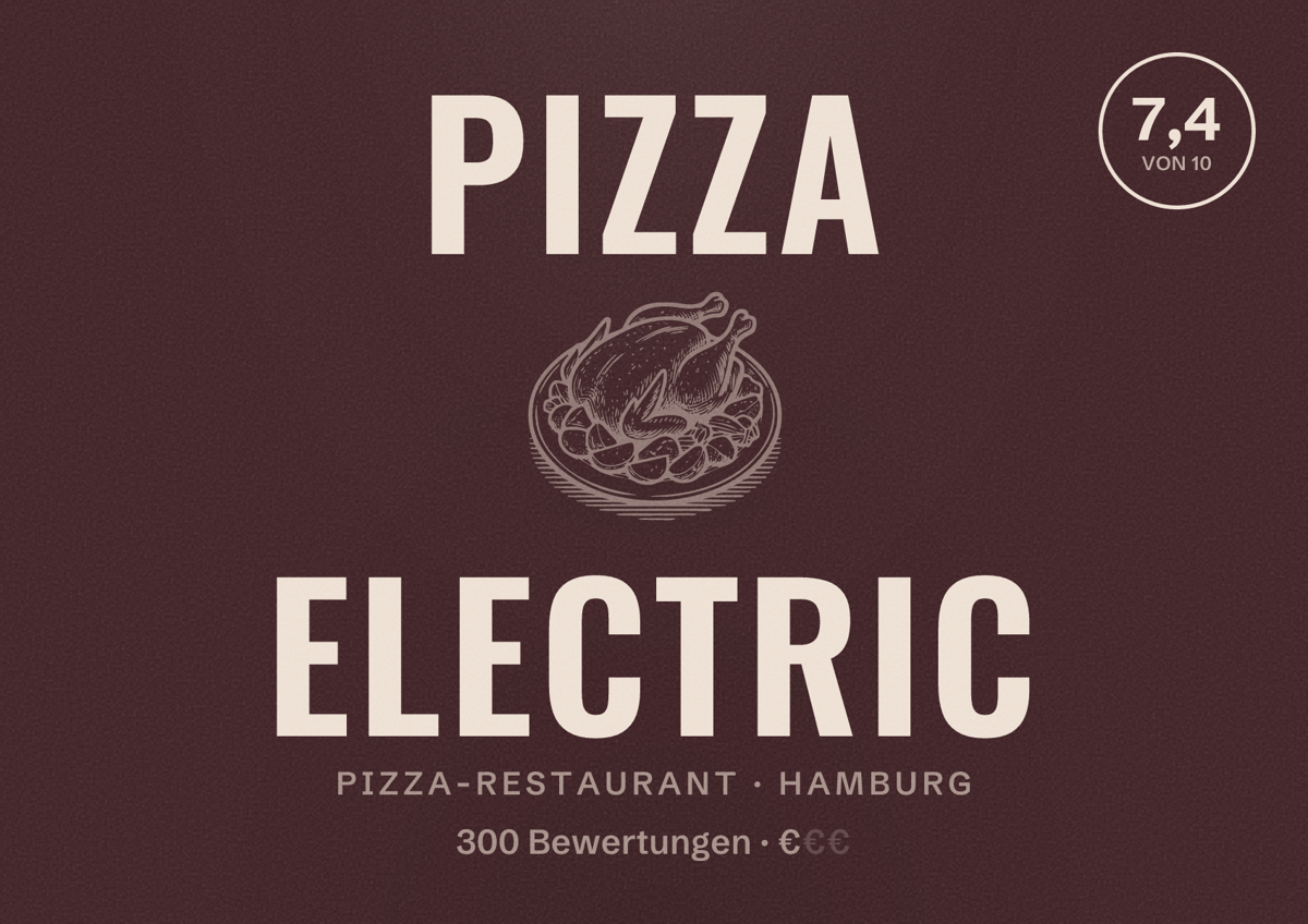 Illustriertes Poster von Pizza Electric, Pizza-Restaurant in Hamburg: Bewertung 7,4 von 10 aus 300 Bewertungen, Preisniveau €