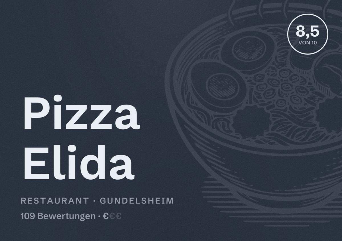 Illustriertes Poster von Pizza Elida, Restaurant in Gundelsheim: Bewertung 8,5 von 10 aus 109 Bewertungen, Preisniveau €