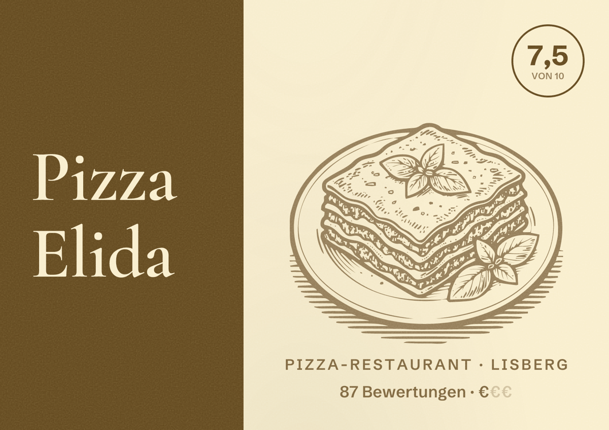 Illustriertes Poster von Pizza Elida, Pizza-Restaurant in Lisberg: Bewertung 7,5 von 10 aus 87 Bewertungen, Preisniveau €