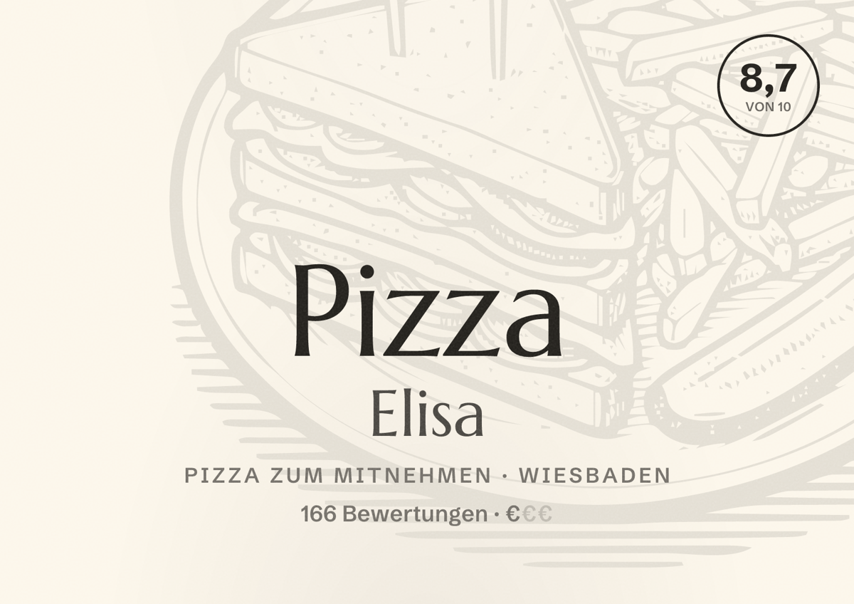 Illustriertes Poster von Pizza Elisa, Pizza zum Mitnehmen in Wiesbaden: Bewertung 8,7 von 10 aus 166 Bewertungen, Preisniveau €