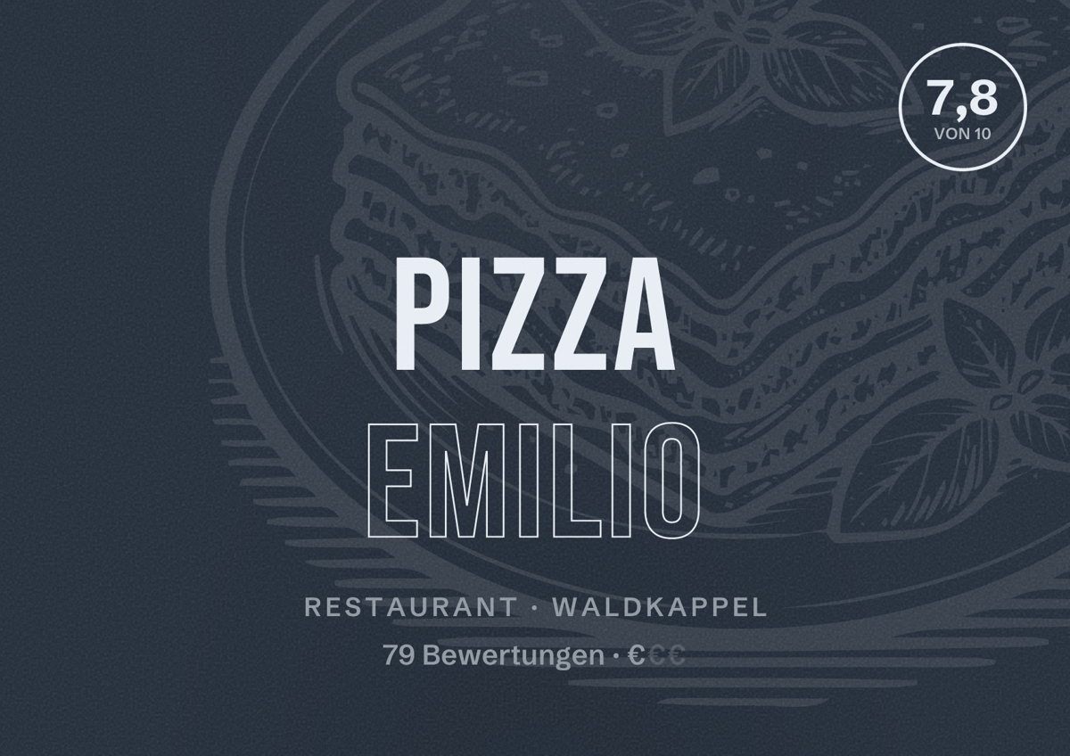 Illustriertes Poster von Pizza Emilio, Restaurant in Waldkappel: Bewertung 7,8 von 10 aus 79 Bewertungen, Preisniveau €