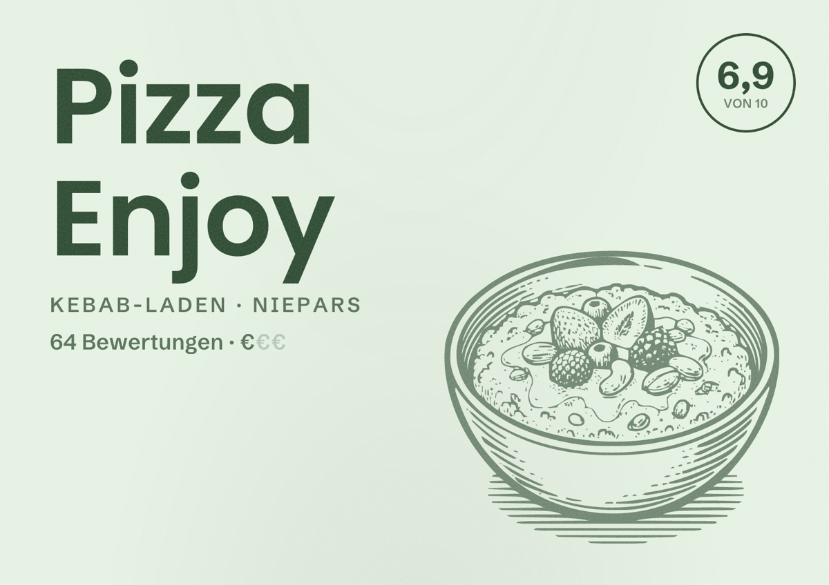Illustriertes Poster von Pizza Enjoy, Kebab-Laden in Niepars: Bewertung 6,9 von 10 aus 64 Bewertungen, Preisniveau €