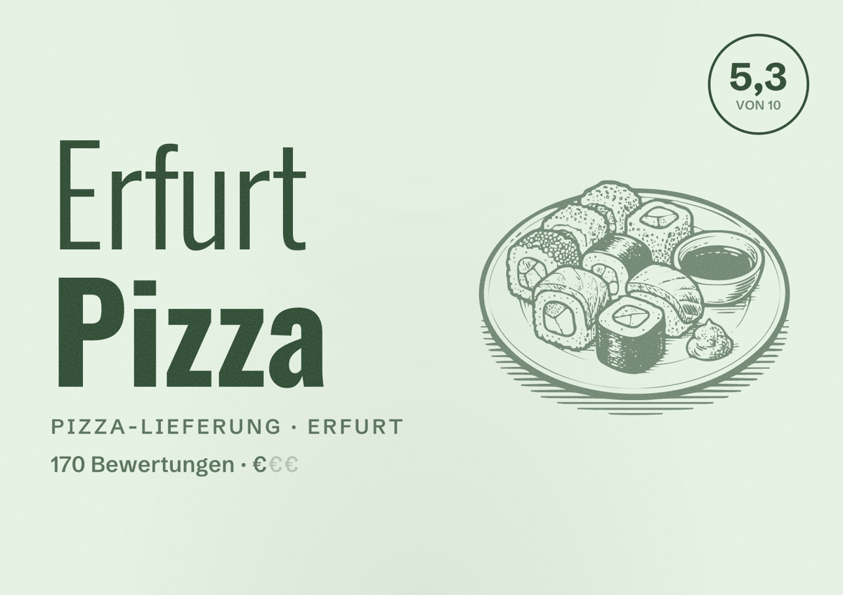 Illustriertes Poster von Erfurt Pizza, Pizza-Lieferung in Erfurt: Bewertung 5,3 von 10 aus 170 Bewertungen, Preisniveau €