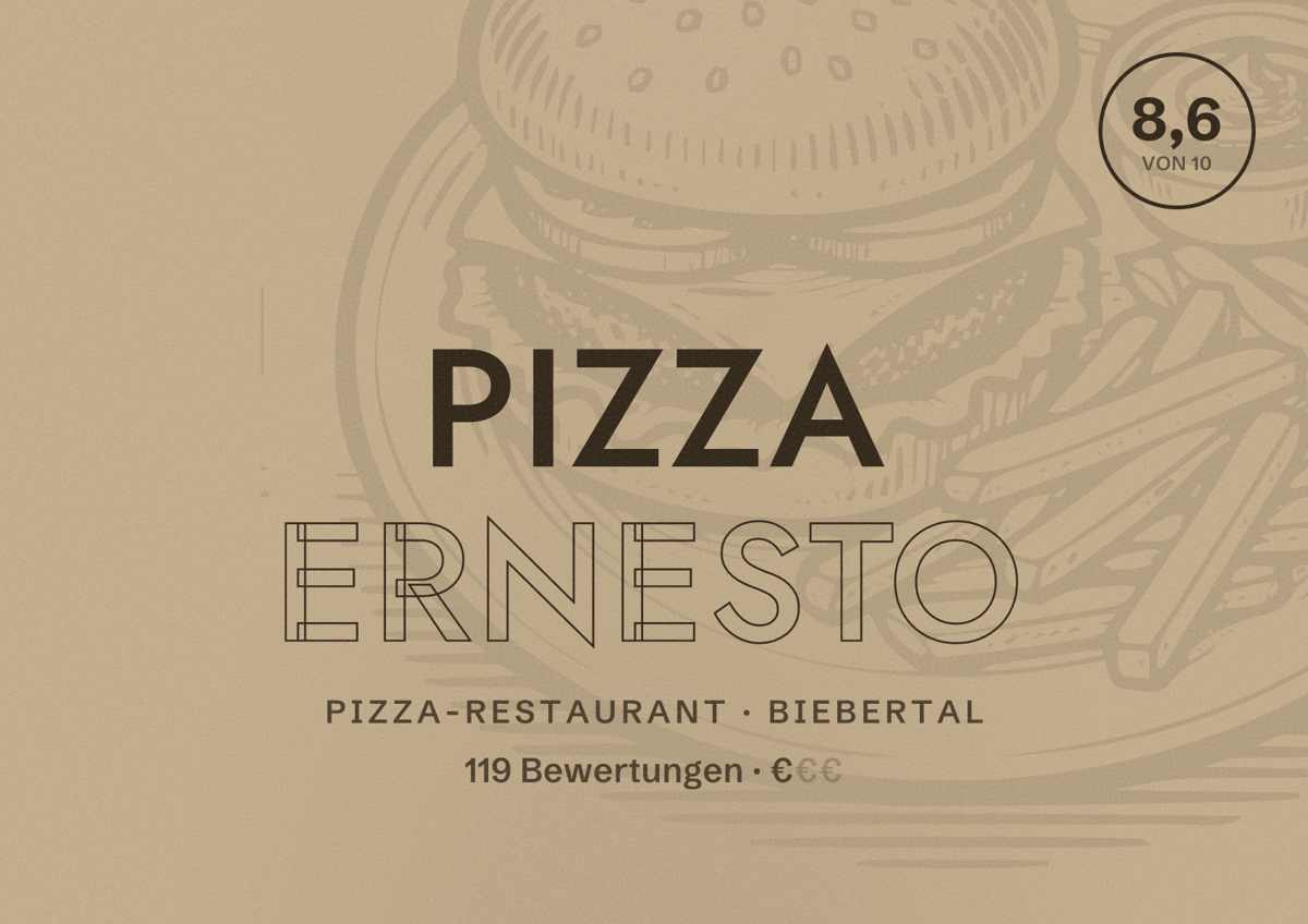Illustriertes Poster von Pizza Ernesto, Pizza-Restaurant in Biebertal: Bewertung 8,6 von 10 aus 119 Bewertungen, Preisniveau €