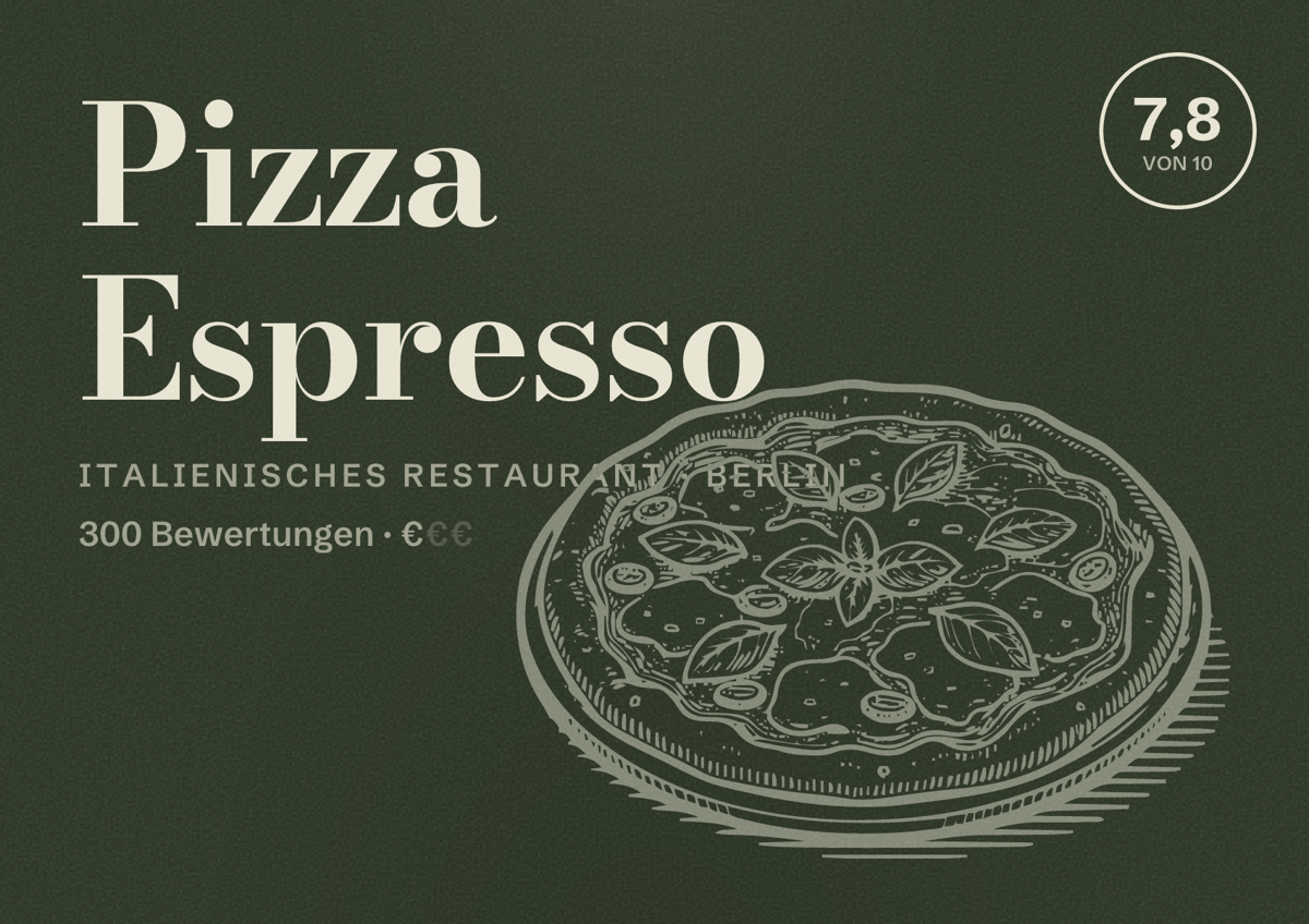 Illustriertes Poster von Pizza Espresso, Italienisches Restaurant in Berlin: Bewertung 7,8 von 10 aus 300 Bewertungen, Preisniveau €