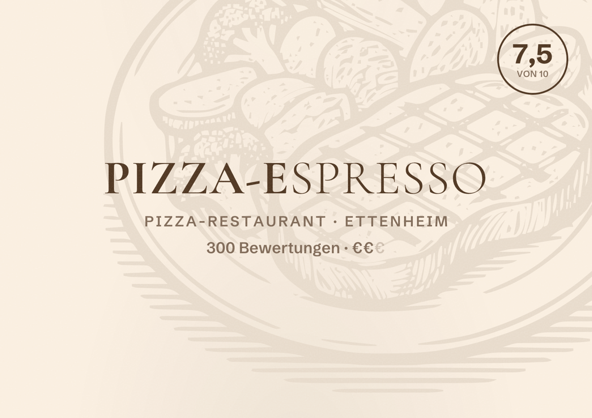 Illustriertes Poster von Pizza-Espresso, Pizza-Restaurant in Ettenheim: Bewertung 7,5 von 10 aus 300 Bewertungen, Preisniveau €€