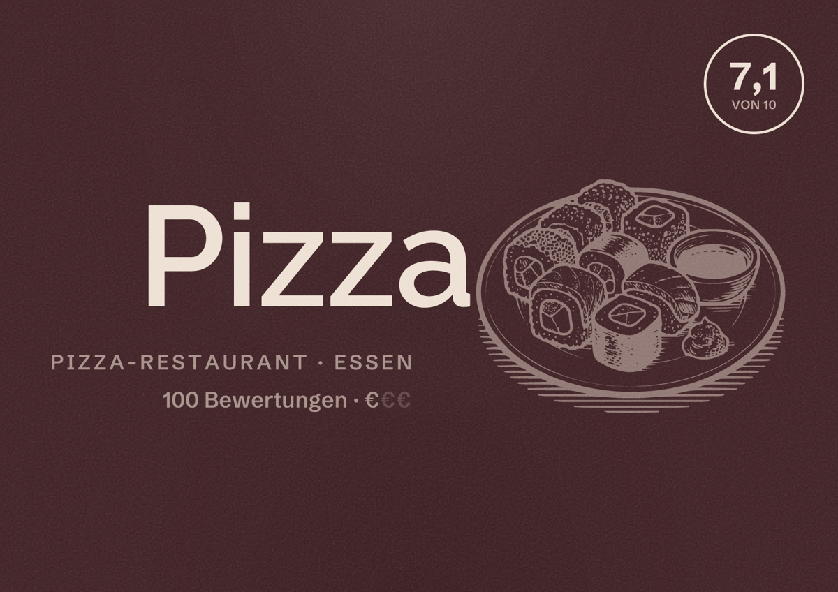 Illustriertes Poster von Pizza, Pizza-Restaurant in Essen: Bewertung 7,1 von 10 aus 100 Bewertungen, Preisniveau €