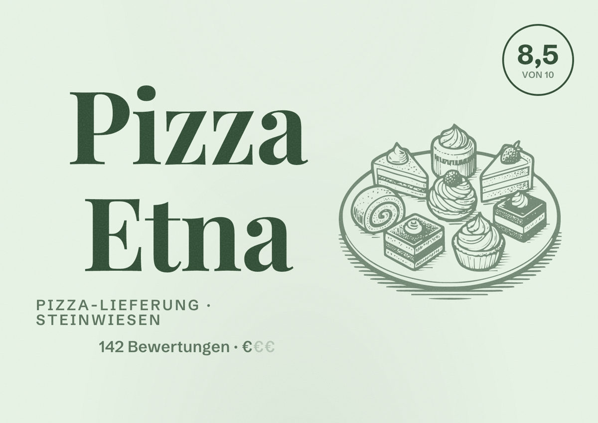 Illustriertes Poster von Pizza Etna, Pizza-Lieferung in Steinwiesen: Bewertung 8,5 von 10 aus 142 Bewertungen, Preisniveau €
