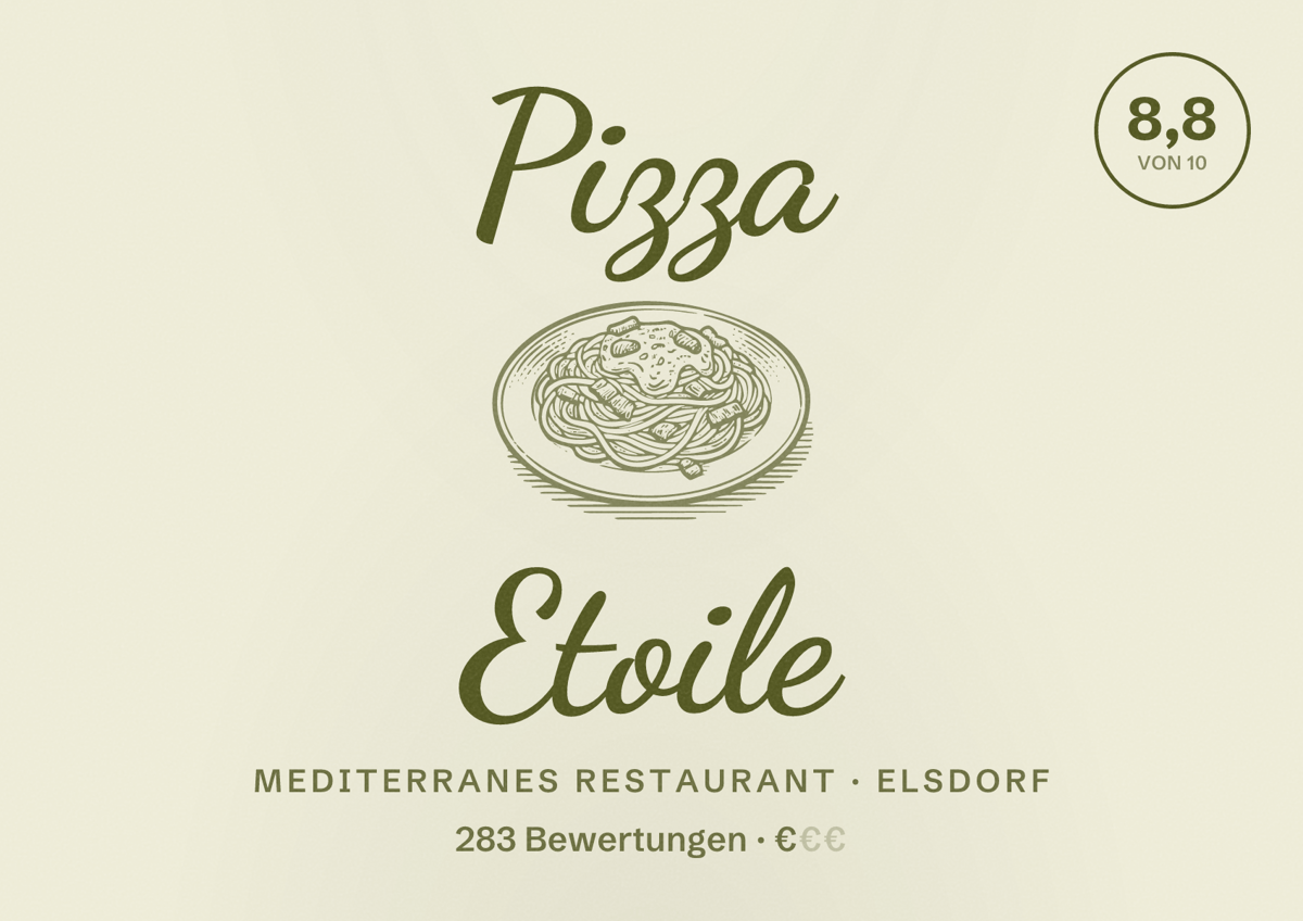 Illustriertes Poster von Pizza Etoile, Mediterranes Restaurant in Elsdorf: Bewertung 8,8 von 10 aus 283 Bewertungen, Preisniveau €