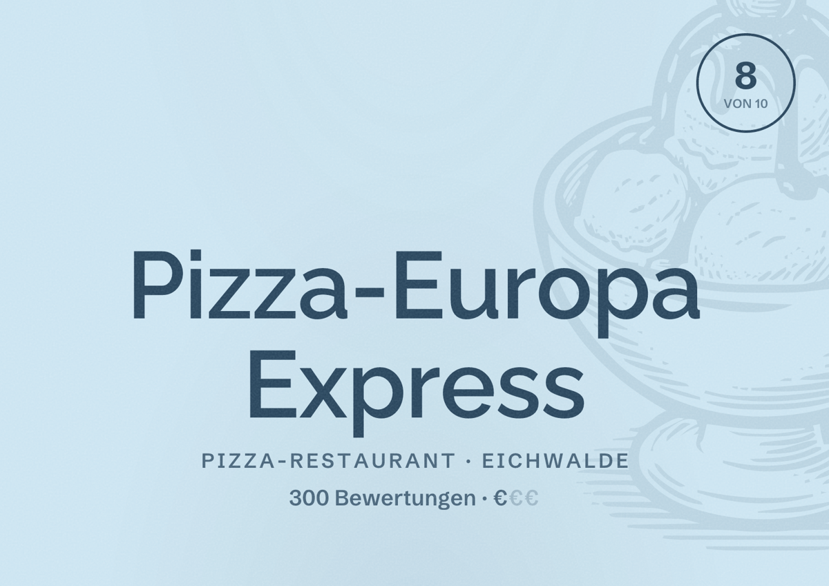 Illustriertes Poster von Pizza-Europa Express, Pizza-Restaurant in Eichwalde: Bewertung 8 von 10 aus 300 Bewertungen, Preisniveau €