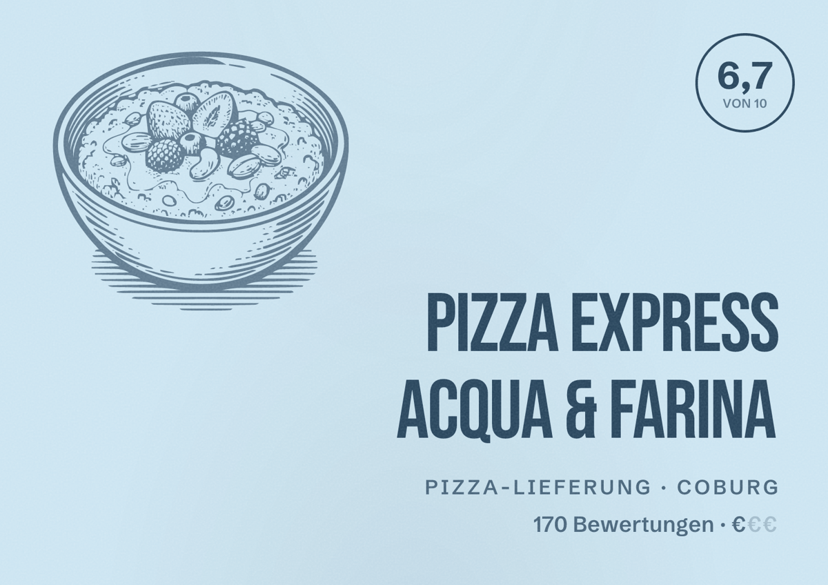 Illustriertes Poster von pizza express ACQUA & FARINA, Pizza-Lieferung in Coburg: Bewertung 6,7 von 10 aus 170 Bewertungen, Preisniveau €