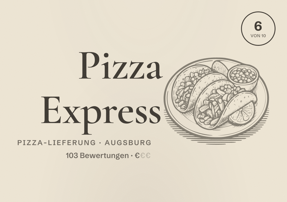 Illustriertes Poster von Pizza Express, Pizza-Lieferung in Augsburg: Bewertung 6,0 von 10 aus 103 Bewertungen, Preisniveau €