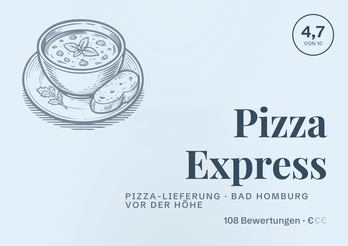Illustriertes Poster von Pizza Express, Pizza-Lieferung in Bad Homburg vor der Höhe: Bewertung 4,7 von 10 aus 108 Bewertungen, Preisniveau €