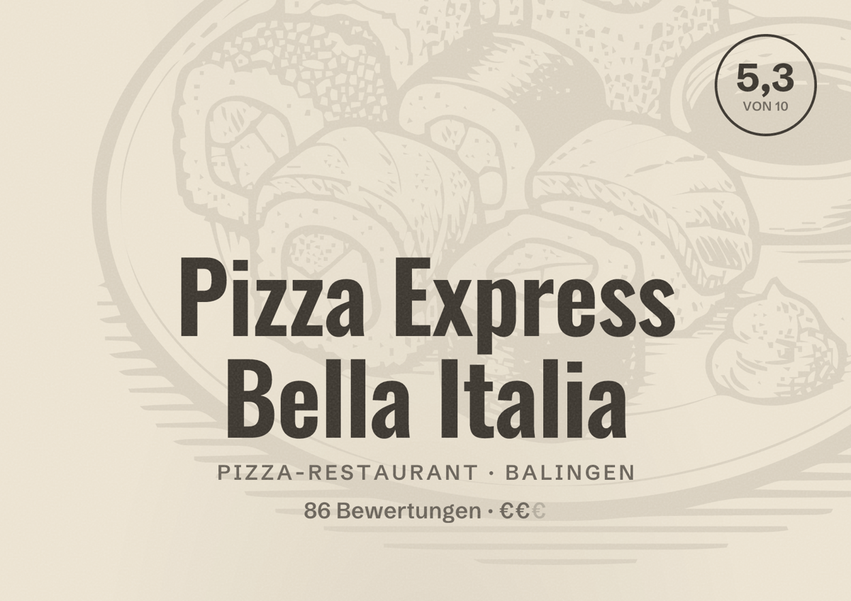Illustriertes Poster von Pizza Express Bella Italia, Pizza-Restaurant in Balingen: Bewertung 5,3 von 10 aus 86 Bewertungen, Preisniveau €€