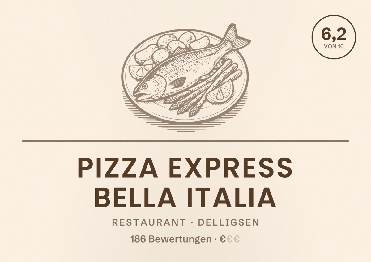 Illustriertes Poster von Pizza Express Bella Italia, Restaurant in Delligsen: Bewertung 6,2 von 10 aus 186 Bewertungen, Preisniveau €