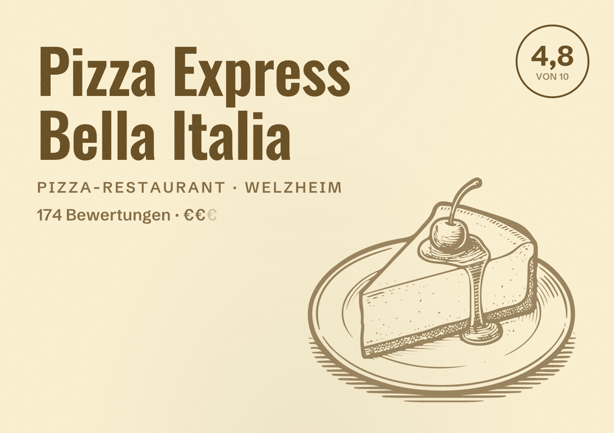 Illustriertes Poster von Pizza Express Bella Italia, Pizza-Restaurant in Welzheim: Bewertung 4,8 von 10 aus 174 Bewertungen, Preisniveau €€