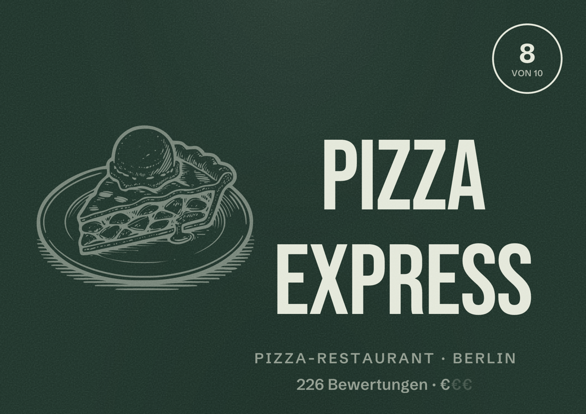 Illustriertes Poster von Pizza Express, Pizza-Restaurant in Berlin: Bewertung 8,0 von 10 aus 226 Bewertungen, Preisniveau €