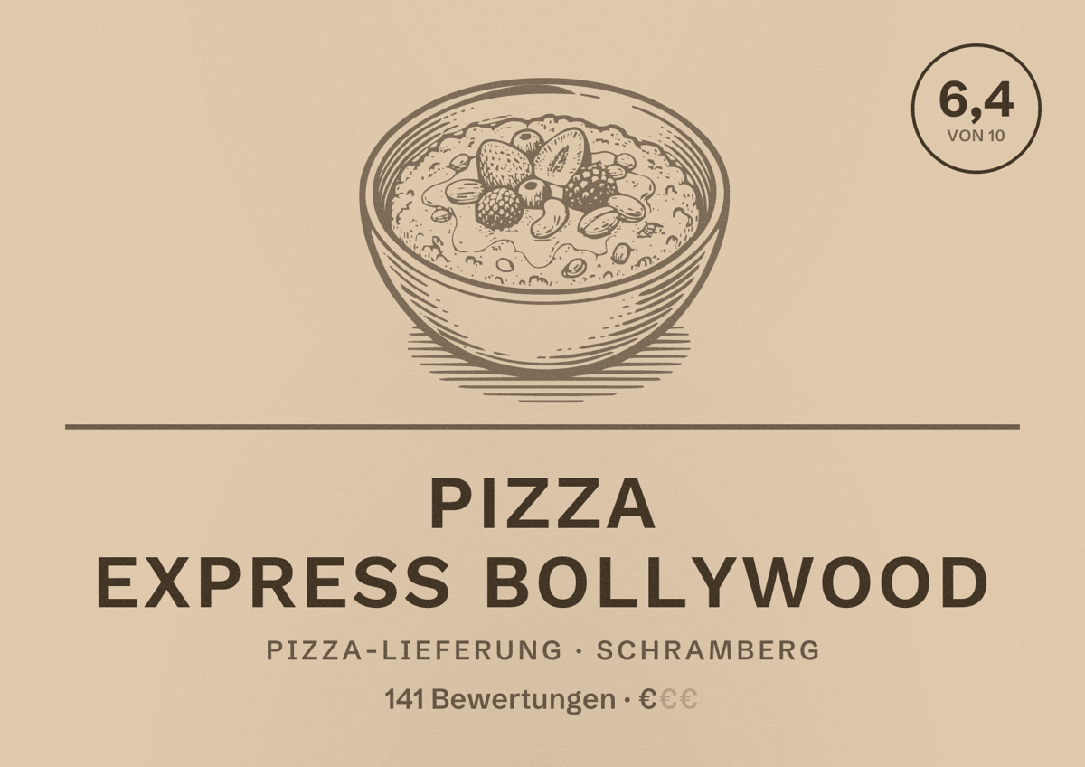 Illustriertes Poster von Pizza Express Bollywood, Pizza-Lieferung in Schramberg: Bewertung 6,4 von 10 aus 141 Bewertungen, Preisniveau €