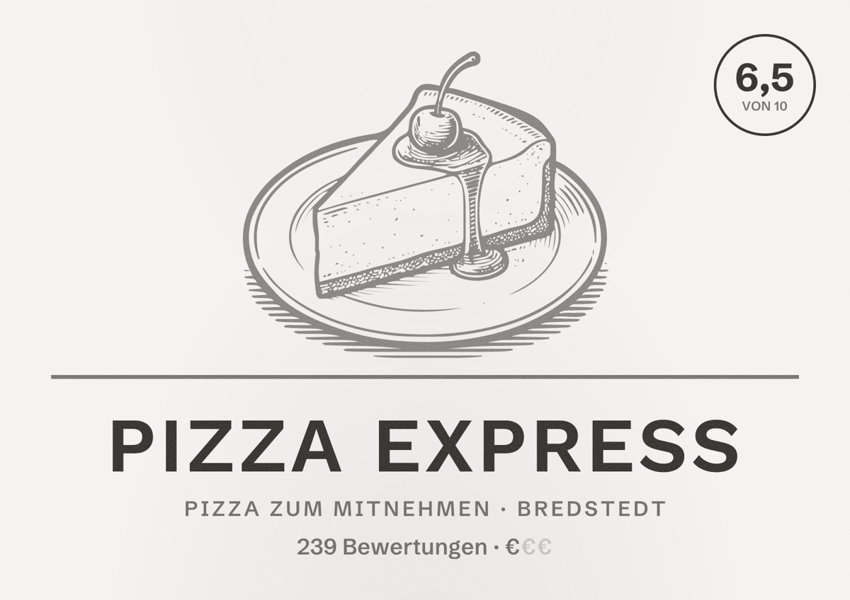Illustriertes Poster von Pizza Express, Pizza zum Mitnehmen in Bredstedt: Bewertung 6,5 von 10 aus 239 Bewertungen, Preisniveau €