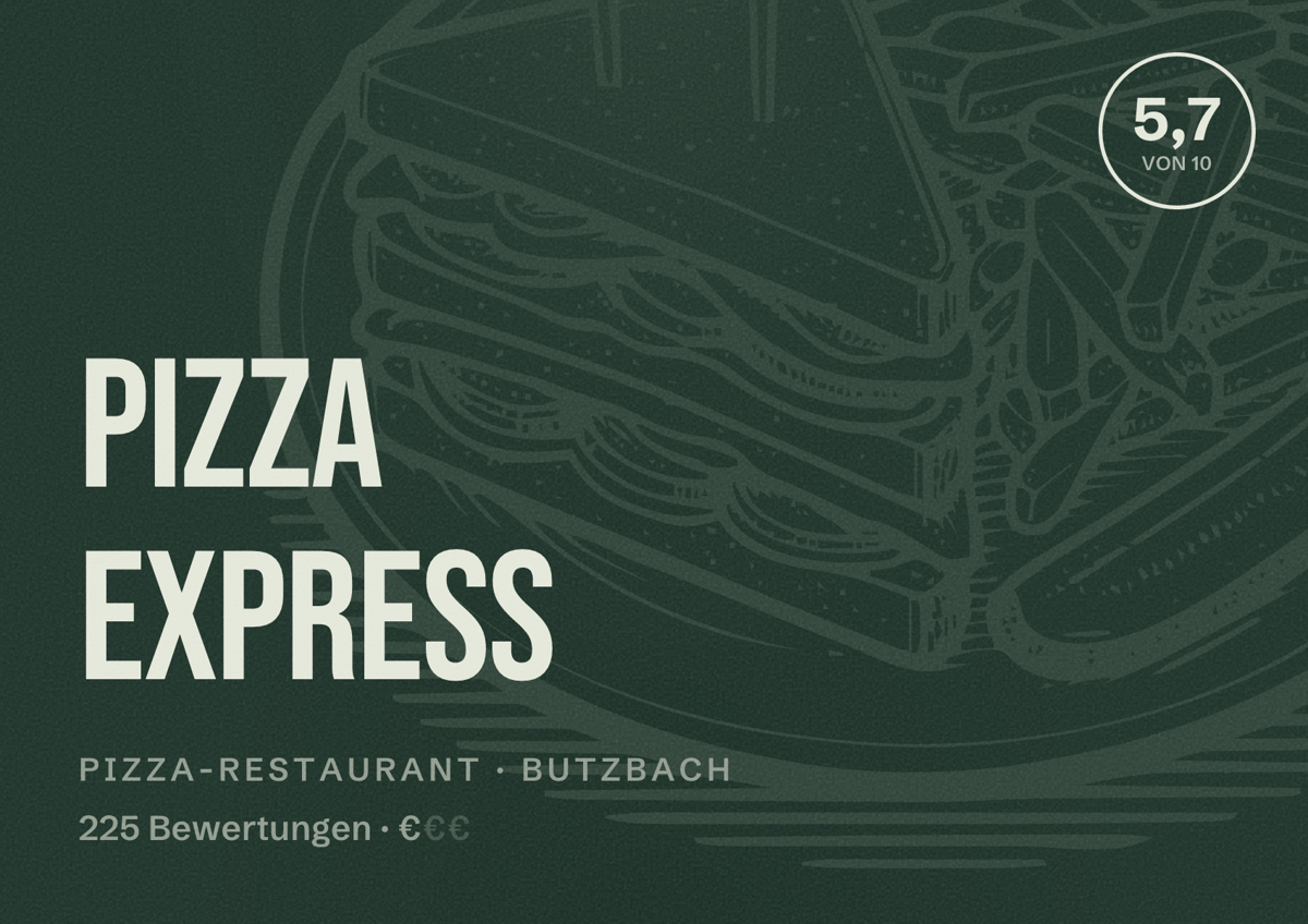 Illustriertes Poster von Pizza Express, Pizza-Restaurant in Butzbach: Bewertung 5,7 von 10 aus 225 Bewertungen, Preisniveau €
