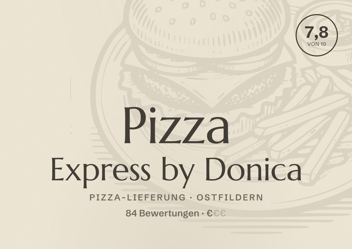 Illustriertes Poster von Pizza Express by Donica, Pizza-Lieferung in Ostfildern: Bewertung 7,8 von 10 aus 84 Bewertungen, Preisniveau €