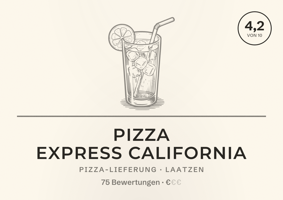 Illustriertes Poster von Pizza Express California, Pizza-Lieferung in Laatzen: Bewertung 4,2 von 10 aus 75 Bewertungen, Preisniveau €