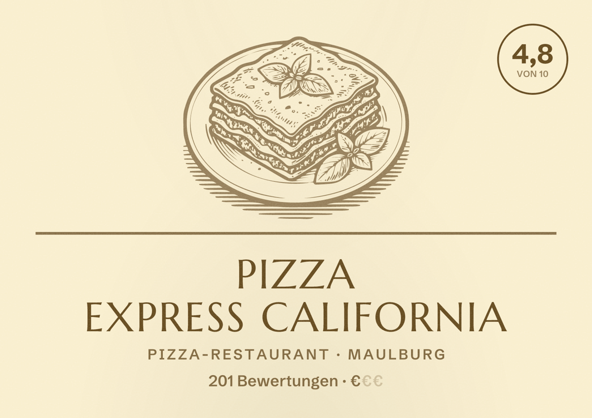 Illustriertes Poster von Pizza Express California, Pizza-Restaurant in Maulburg: Bewertung 4,8 von 10 aus 201 Bewertungen, Preisniveau €