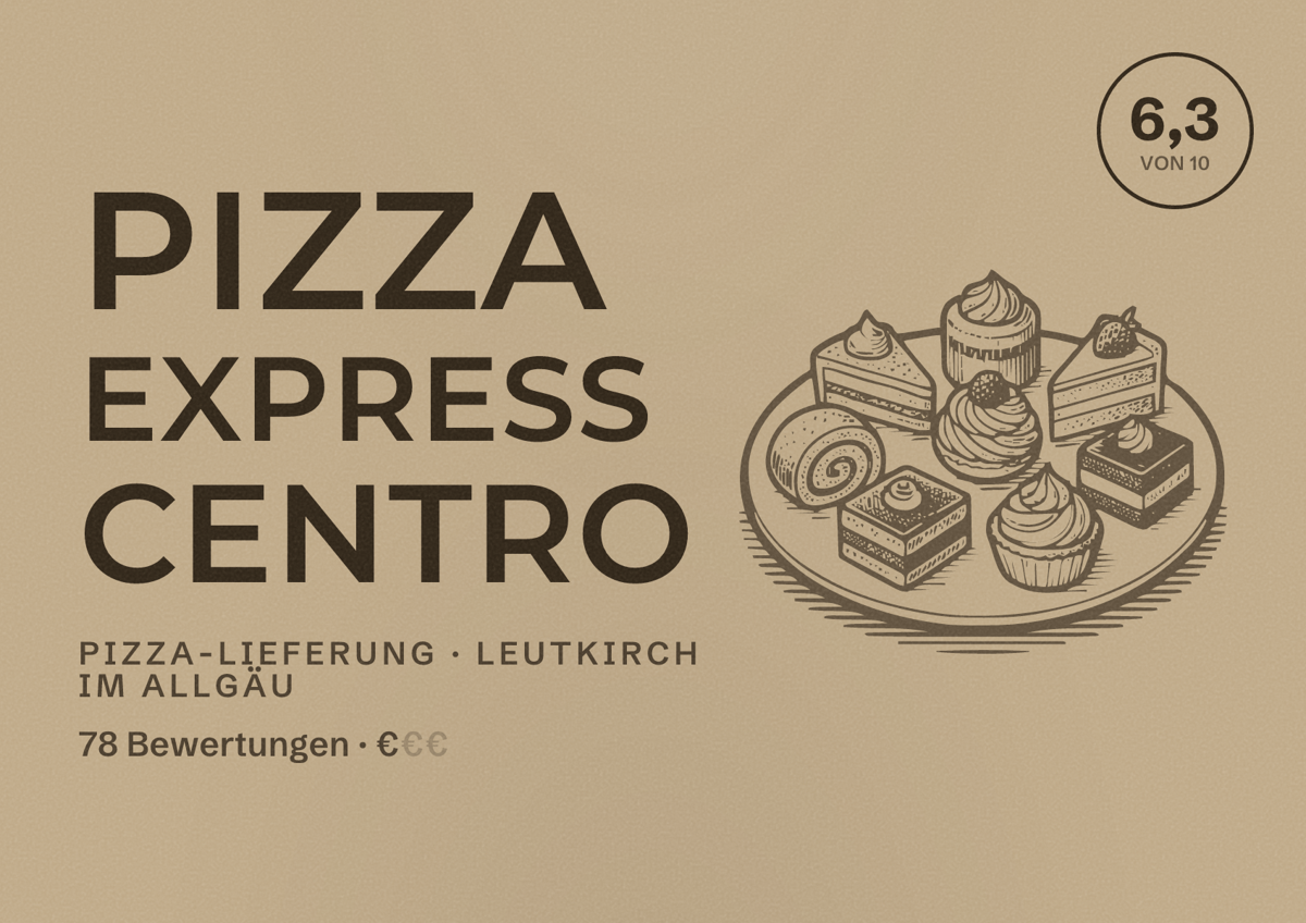 Illustriertes Poster von Pizza Express Centro, Pizza-Lieferung in Leutkirch im Allgäu: Bewertung 6,3 von 10 aus 78 Bewertungen, Preisniveau €