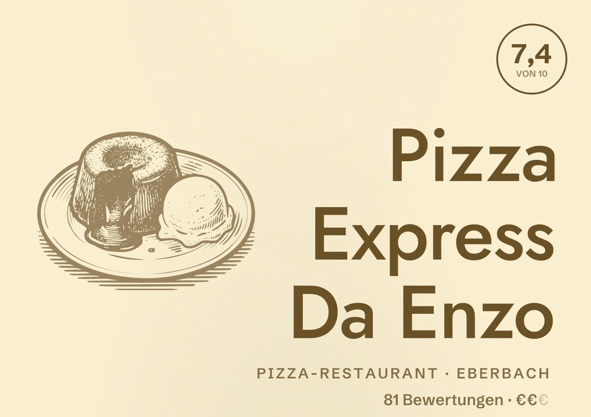 Illustriertes Poster von Pizza Express Da Enzo, Pizza-Restaurant in Eberbach: Bewertung 7,4 von 10 aus 81 Bewertungen, Preisniveau €€