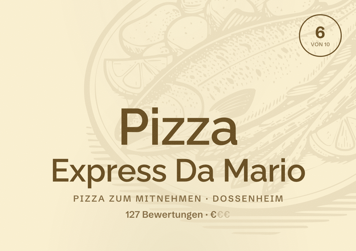 Illustriertes Poster von Pizza Express Da Mario, Pizza zum Mitnehmen in Dossenheim: Bewertung 6 von 10 aus 127 Bewertungen, Preisniveau €