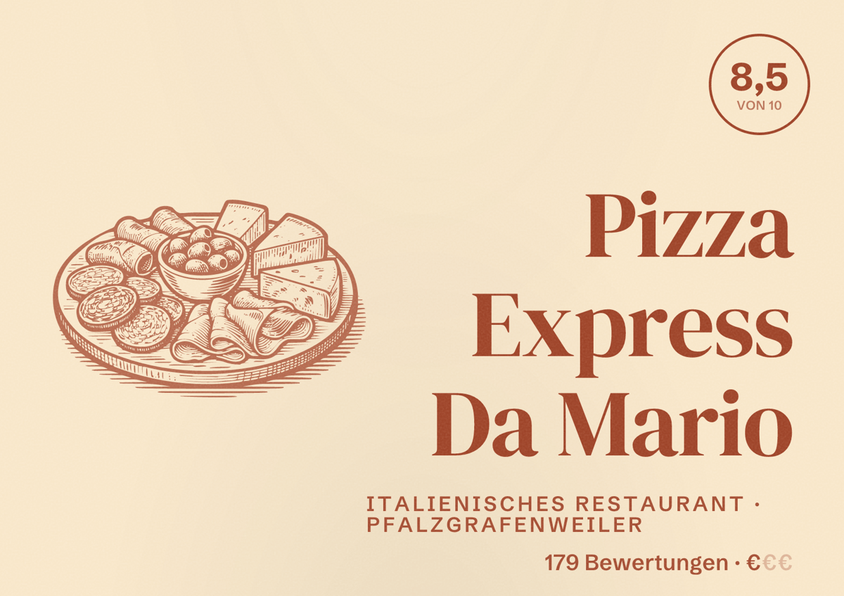 Illustriertes Poster von Pizza Express Da Mario, Italienisches Restaurant in Pfalzgrafenweiler: Bewertung 8,5 von 10 aus 179 Bewertungen, Preisniveau €