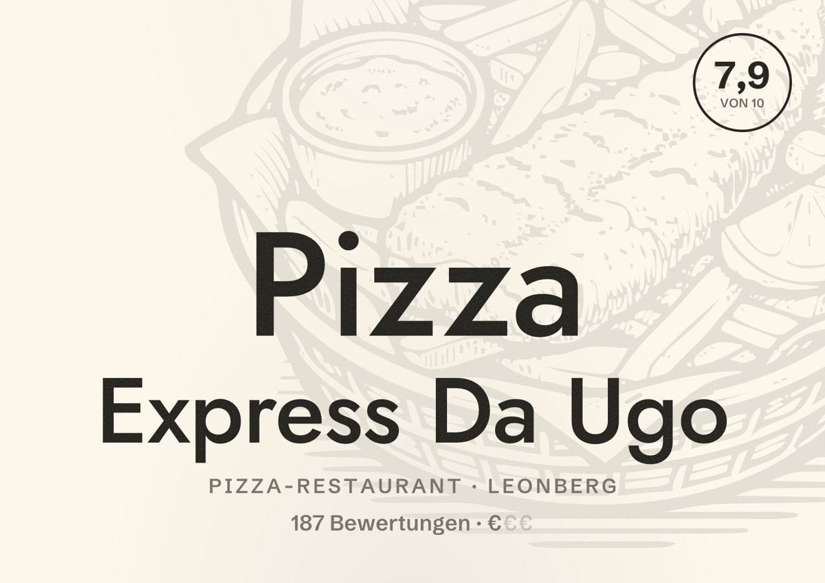 Illustriertes Poster von Pizza Express Da Ugo, Pizza-Restaurant in Leonberg: Bewertung 7,9 von 10 aus 187 Bewertungen, Preisniveau €