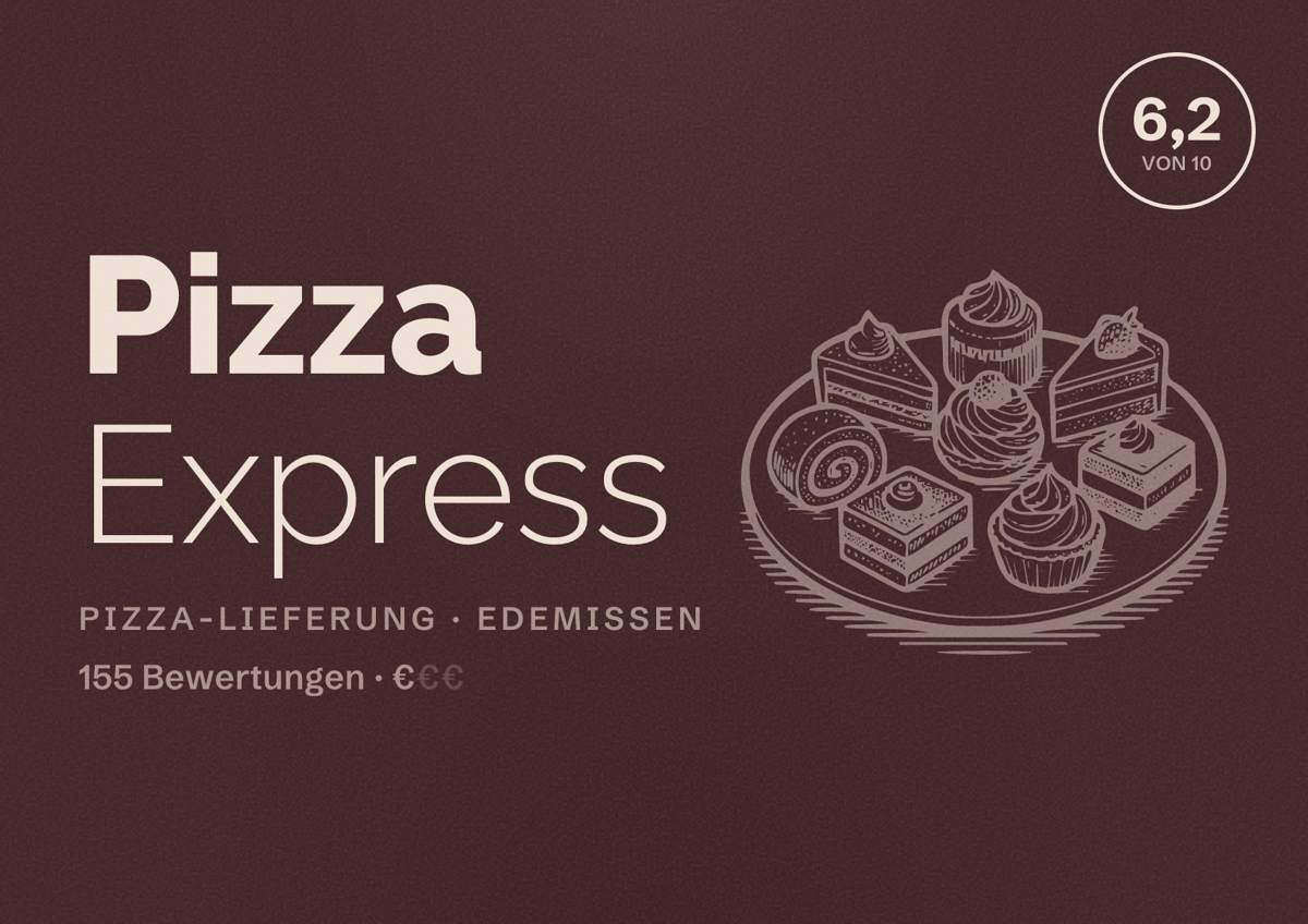 Illustriertes Poster von Pizza Express, Pizza-Lieferung in Edemissen: Bewertung 6,2 von 10 aus 155 Bewertungen, Preisniveau €