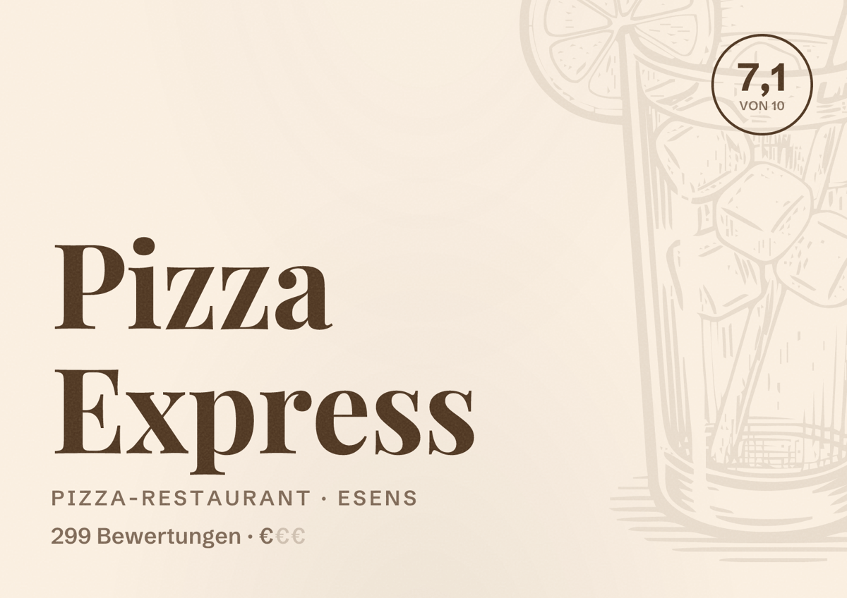 Illustriertes Poster von Pizza Express, Pizza-Restaurant in Esens: Bewertung 7,1 von 10 aus 299 Bewertungen, Preisniveau €