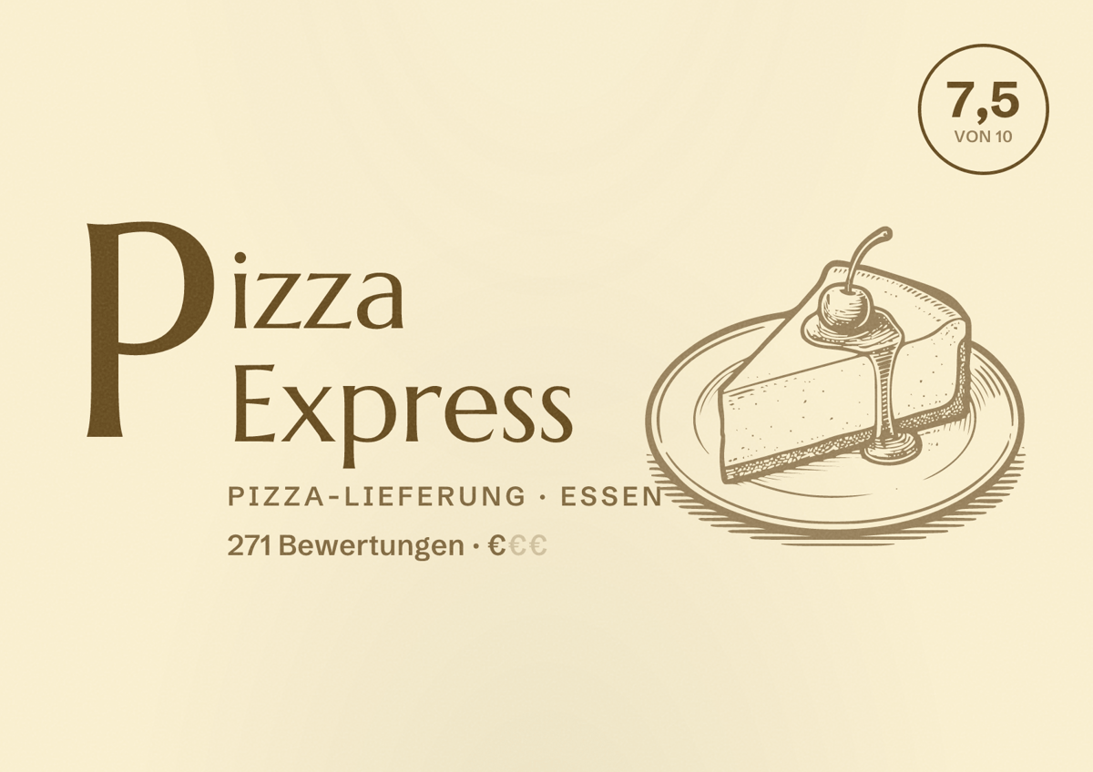 Illustriertes Poster von Pizza Express, Pizza-Lieferung in Essen: Bewertung 7,5 von 10 aus 271 Bewertungen, Preisniveau €