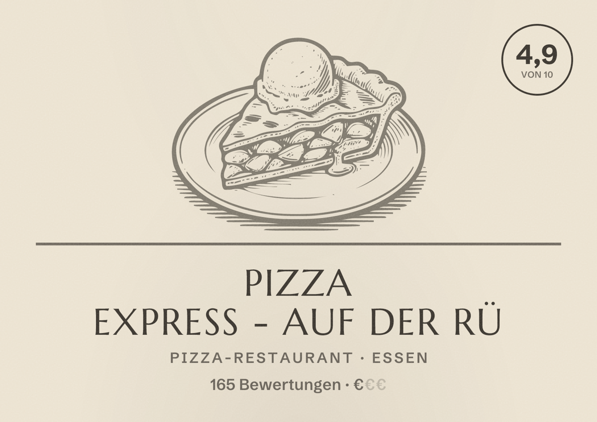 Illustriertes Poster von Pizza Express - Auf der Rü, Pizza-Restaurant in Essen: Bewertung 4,9 von 10 aus 165 Bewertungen, Preisniveau €