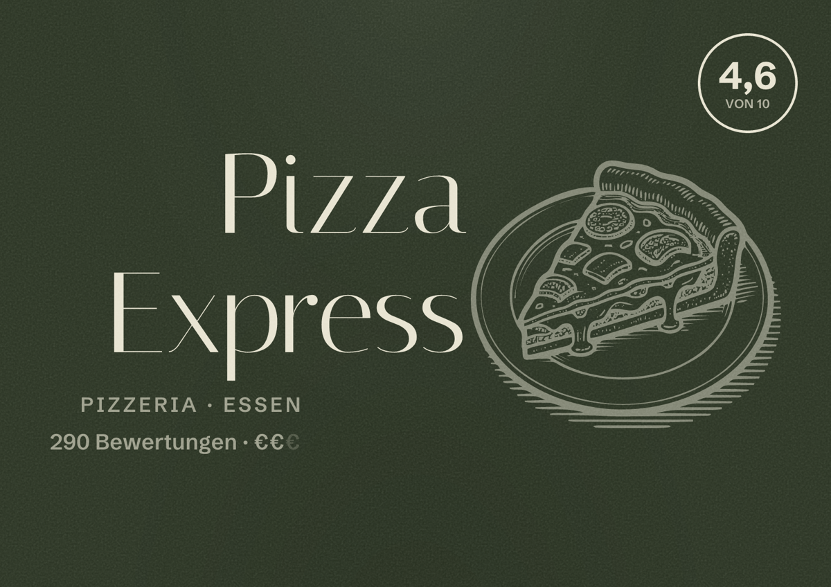 Illustriertes Poster von Pizza Express, Pizzeria in Essen: Bewertung 4,6 von 10 aus 290 Bewertungen, Preisniveau €€