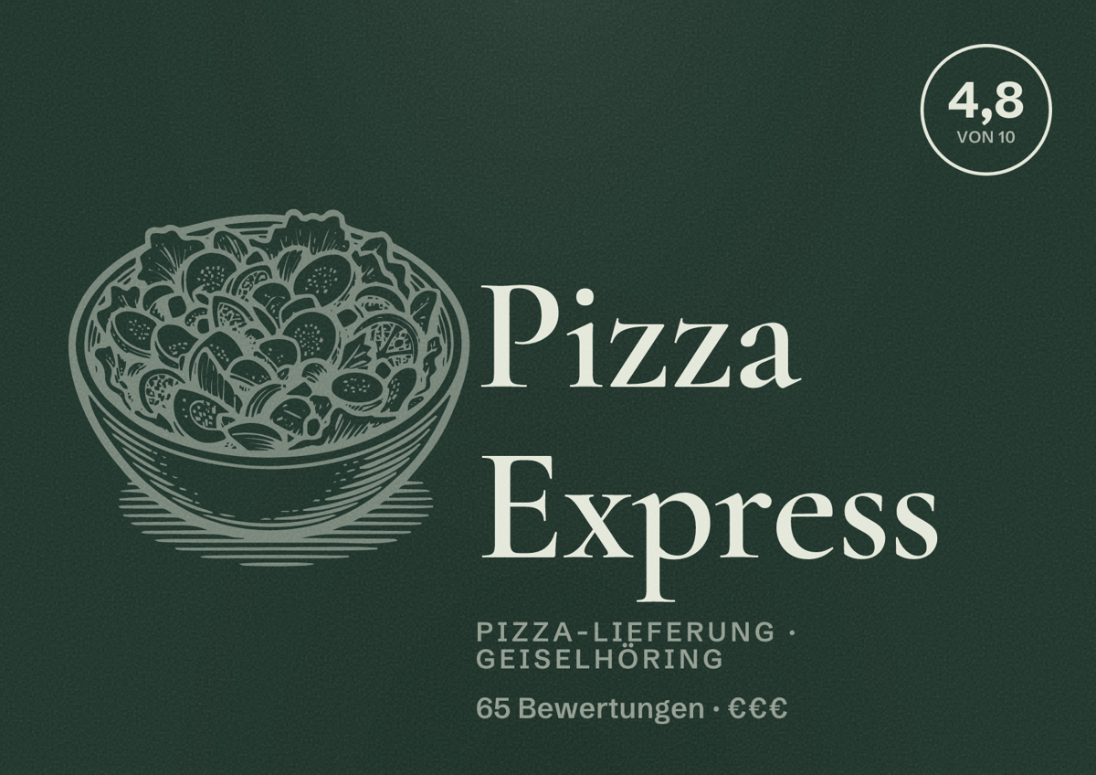 Illustriertes Poster von Pizza Express, Pizza-Lieferung in Geiselhöring: Bewertung 4,8 von 10 aus 65 Bewertungen, Preisniveau €€€