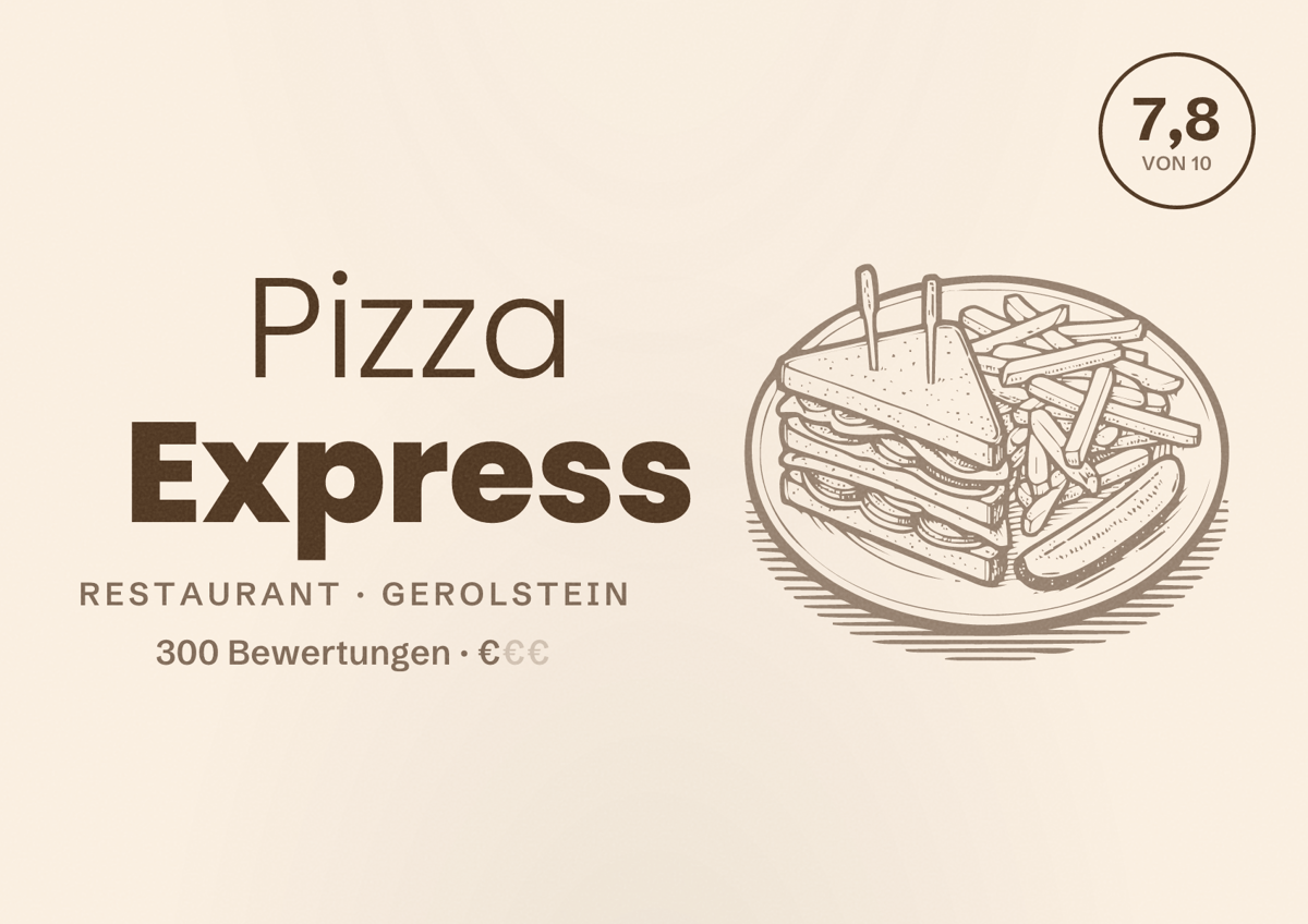 Illustriertes Poster von Pizza Express, Restaurant in Gerolstein: Bewertung 7,8 von 10 aus 300 Bewertungen, Preisniveau €