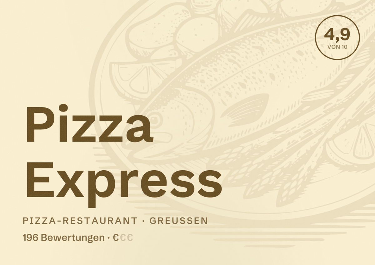 Illustriertes Poster von Pizza Express, Pizza-Restaurant in Greußen: Bewertung 4,9 von 10 aus 196 Bewertungen, Preisniveau €
