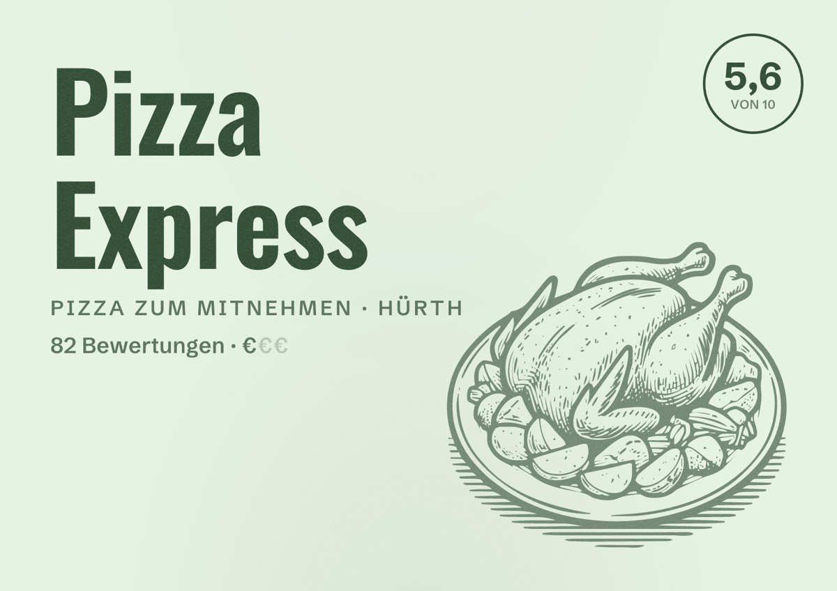 Illustriertes Poster von Pizza Express, Pizza zum Mitnehmen in Hürth: Bewertung 5,6 von 10 aus 82 Bewertungen, Preisniveau €