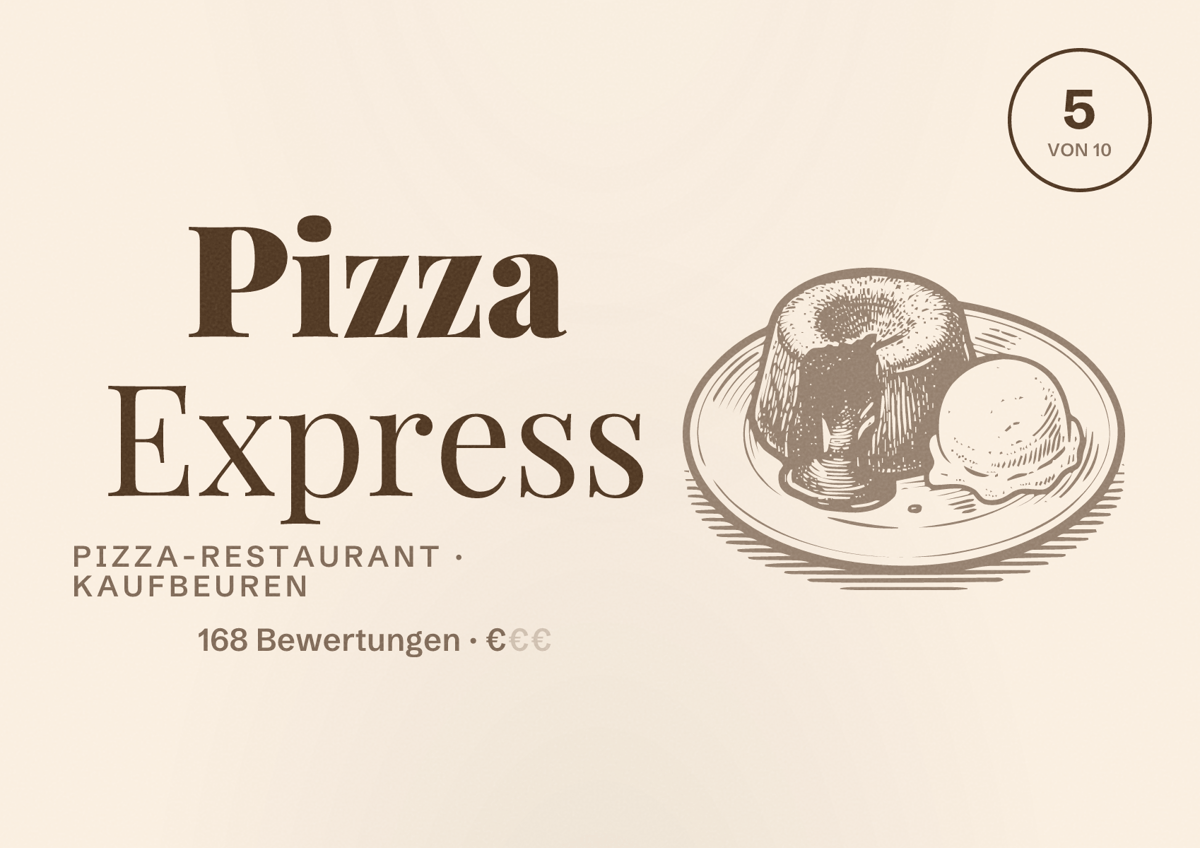 Illustriertes Poster von Pizza Express, Pizza-Restaurant in Kaufbeuren: Bewertung 5 von 10 aus 168 Bewertungen, Preisniveau €