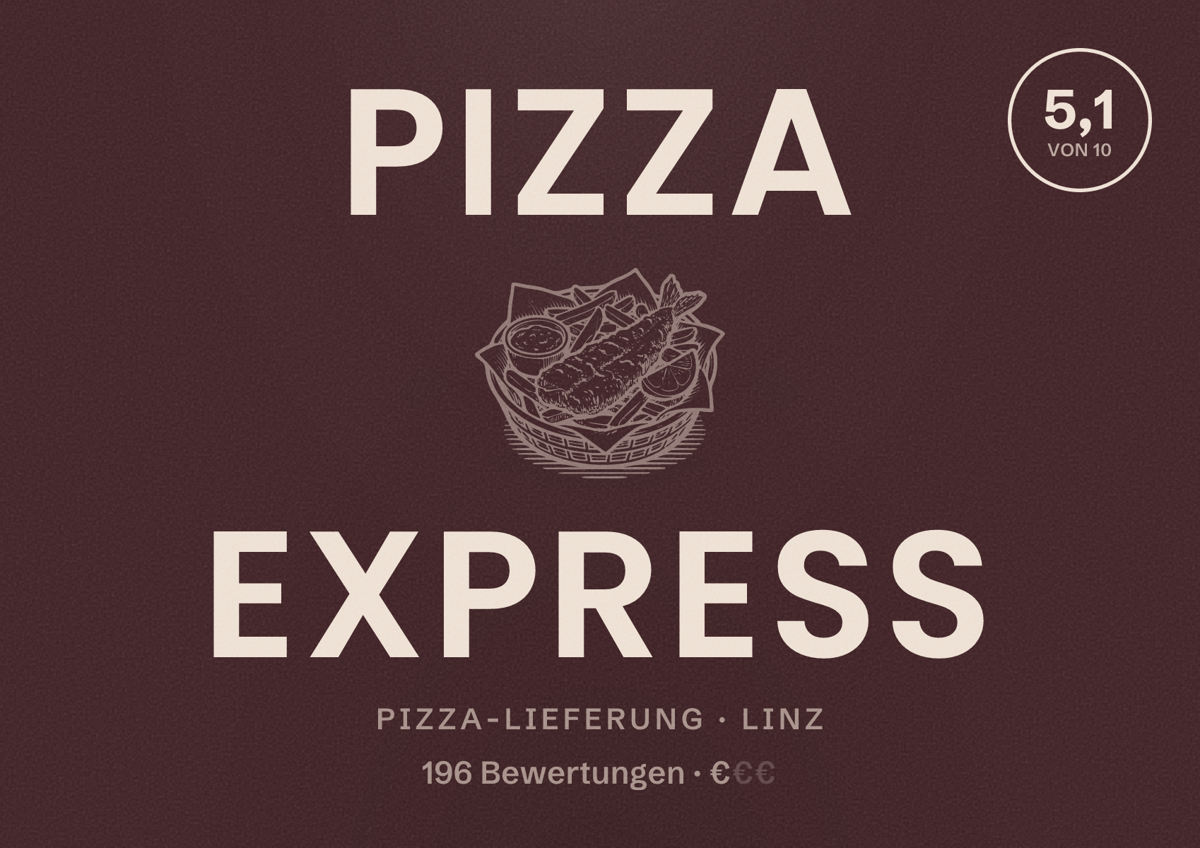 Illustriertes Poster von Pizza Express, Pizza-Lieferung in Linz: Bewertung 5,1 von 10 aus 196 Bewertungen, Preisniveau €