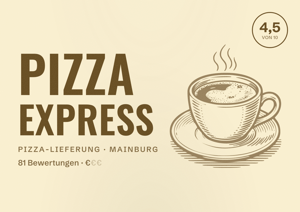 Illustriertes Poster von Pizza Express, Pizza-Lieferung in Mainburg: Bewertung 4,5 von 10 aus 81 Bewertungen, Preisniveau €