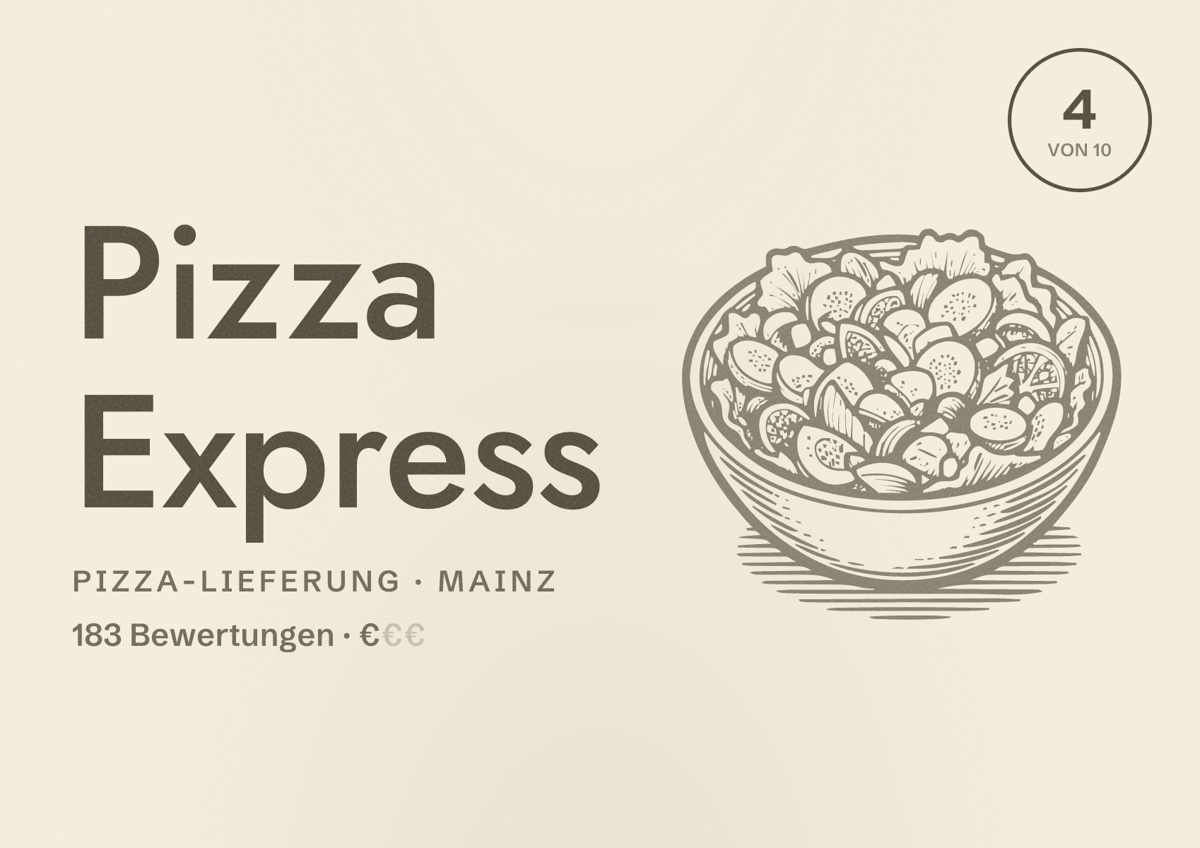 Illustriertes Poster von Pizza Express, Pizza-Lieferung in Mainz: Bewertung 4 von 10 aus 183 Bewertungen, Preisniveau €