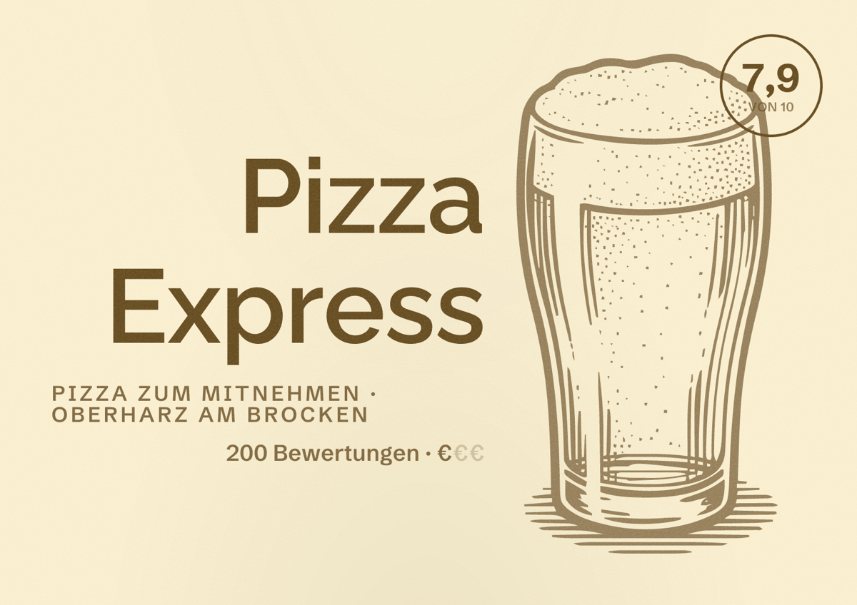 Illustriertes Poster von Pizza Express, Pizza zum Mitnehmen in Oberharz am Brocken: Bewertung 7,9 von 10 aus 200 Bewertungen, Preisniveau €