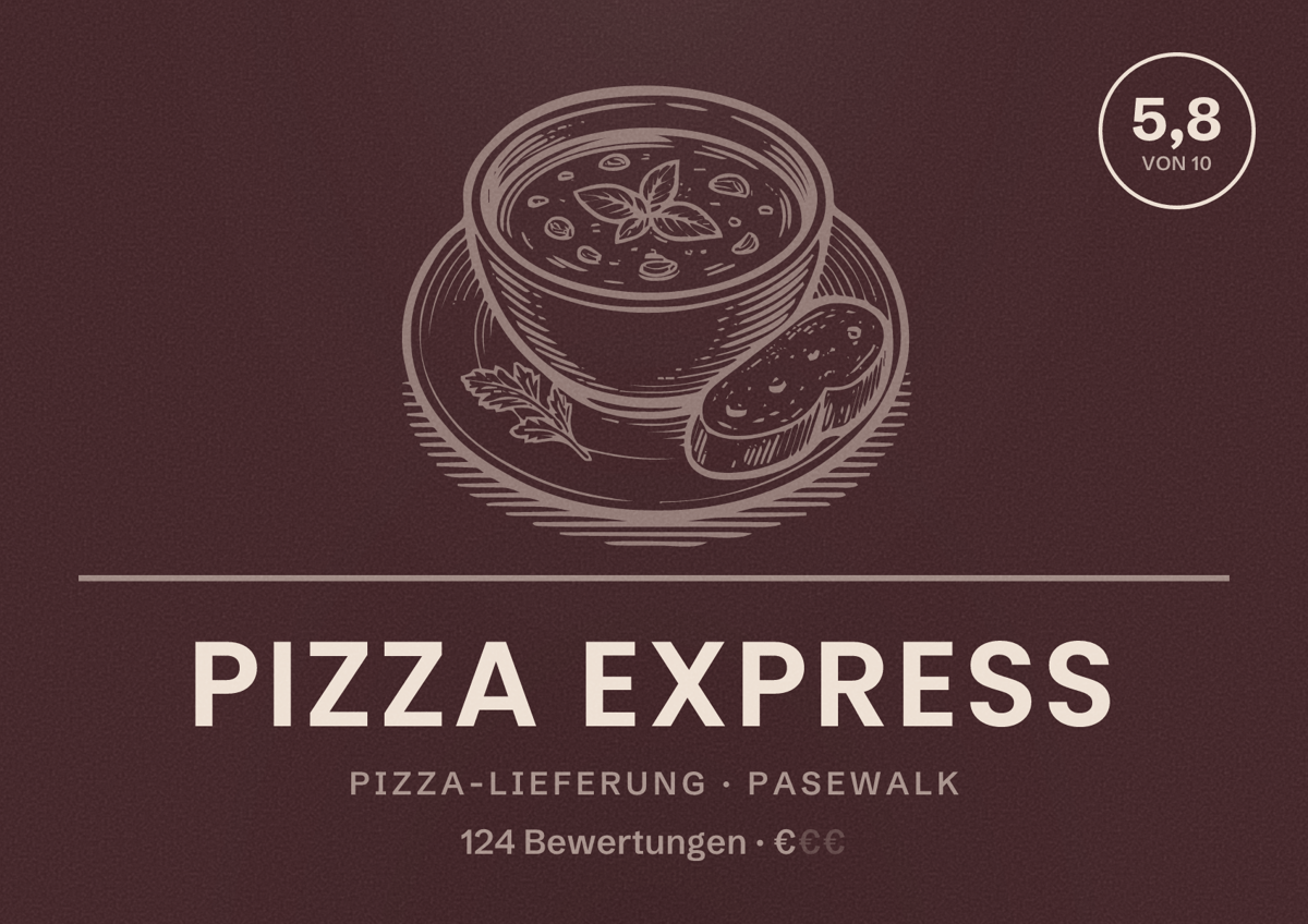 Illustriertes Poster von Pizza Express, Pizza-Lieferung in Pasewalk: Bewertung 5,8 von 10 aus 124 Bewertungen, Preisniveau €