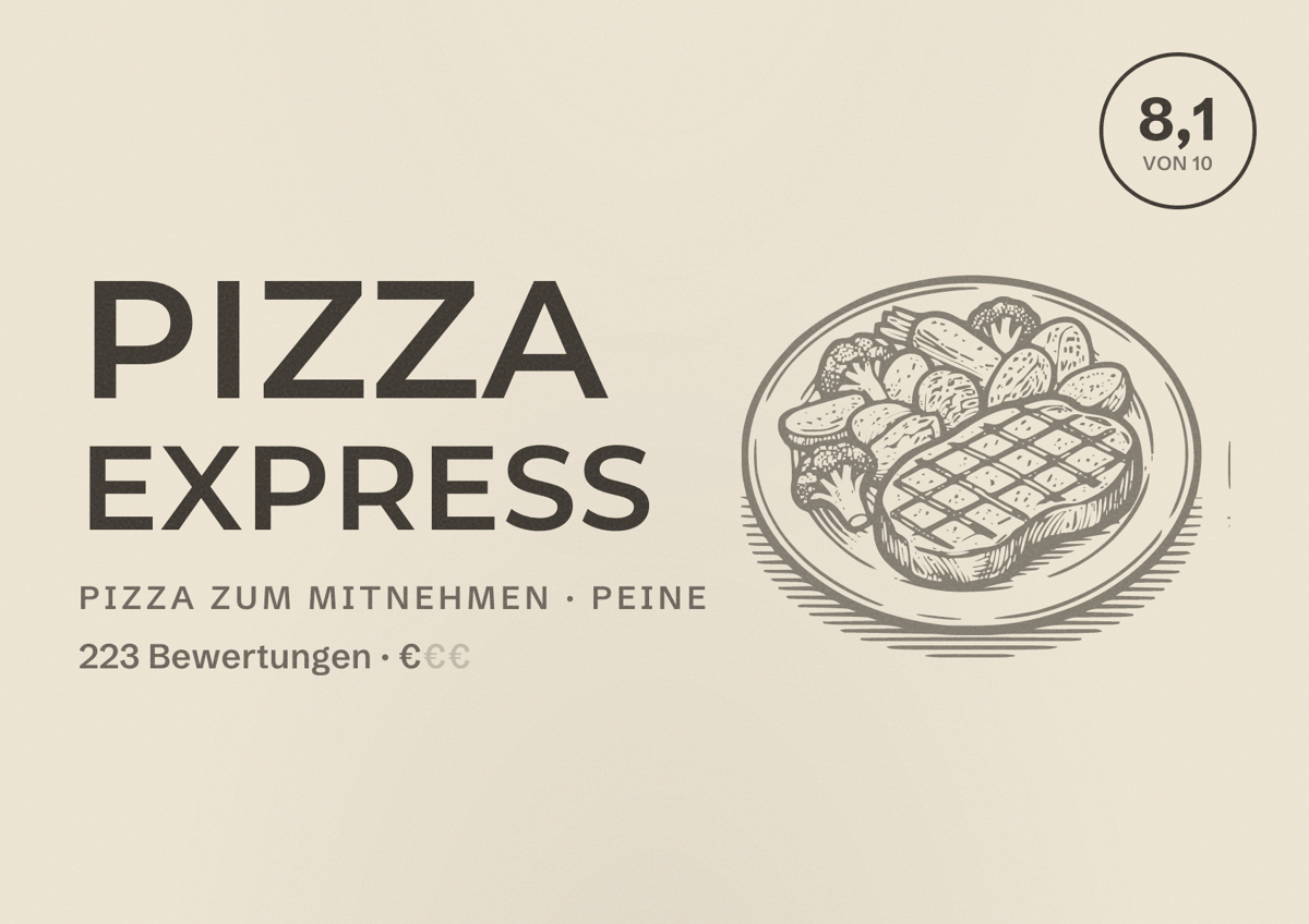 Illustriertes Poster von Pizza Express, Pizza zum Mitnehmen in Peine: Bewertung 8,1 von 10 aus 223 Bewertungen, Preisniveau €